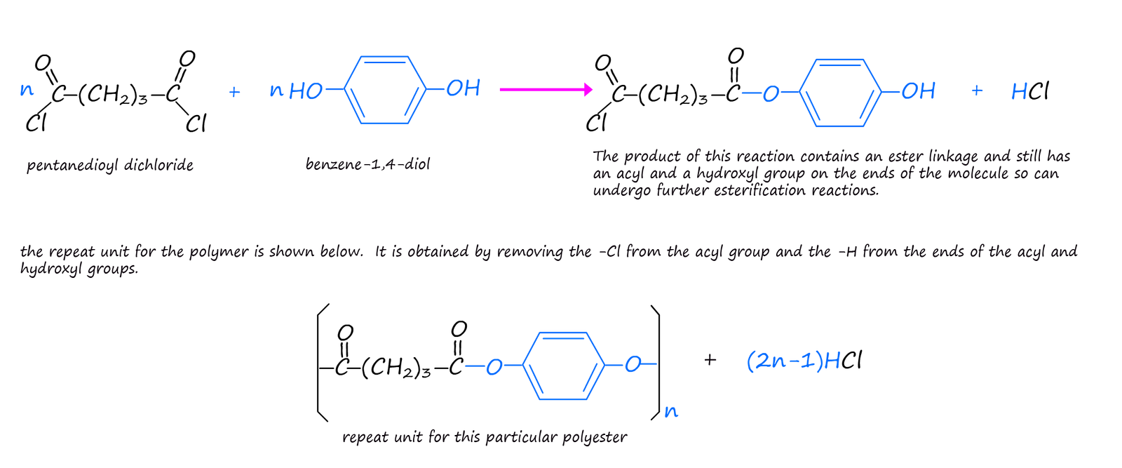 Equations to show how to make a polyester using a diol and a diacyl chloride.